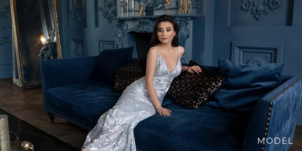 Model in Gown With Tight Midsection